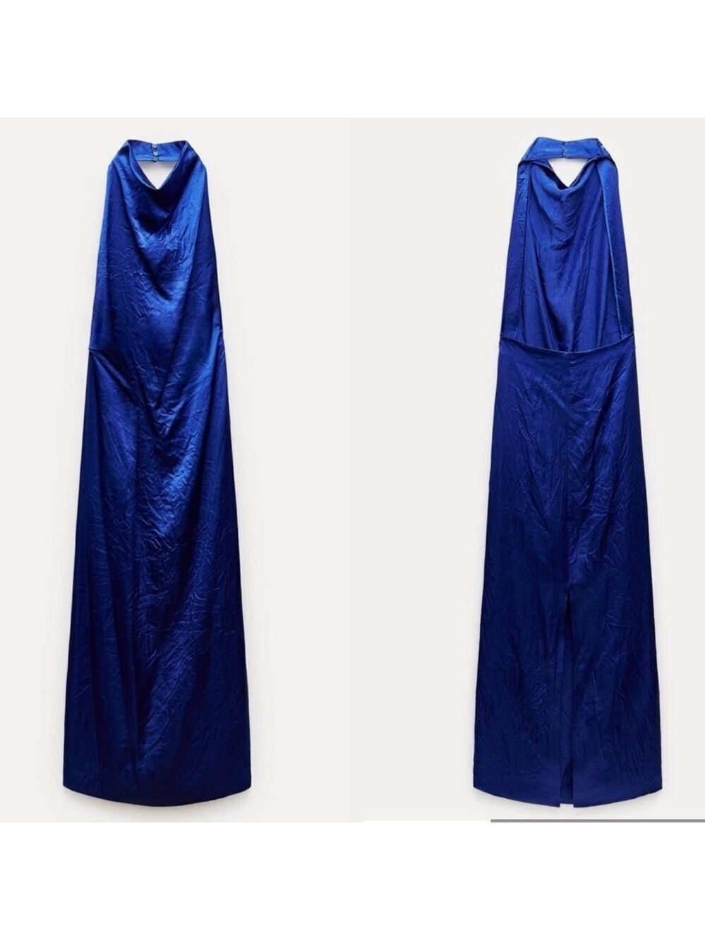 Zara women collection blue wrinkle satin effect open back halter top maxi dress - Picture 3 of 14